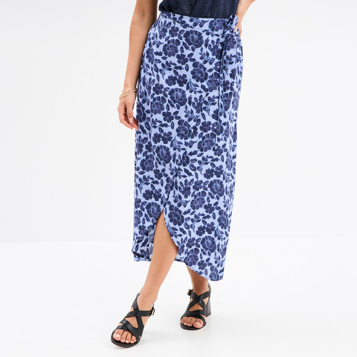 Jupe midi portefeuille bleu femme