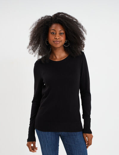 Pull col rond boutons aux poignets noir femme