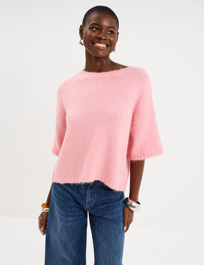 Pull col rond manches courtes rose femme