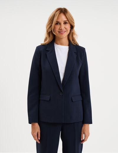 Veste blazer droite manches longues bleu fonc&eacute; femme