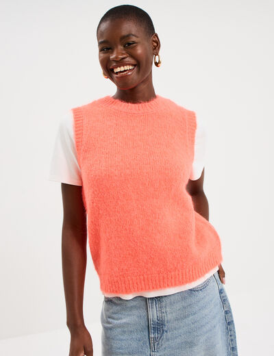Pull sans manches col rond rose fluo femme