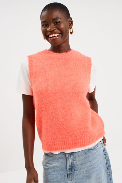 Pull sans manches col rond rose fluo femme