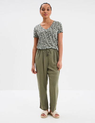 T-shirt col en V manches courtes vert kaki femme