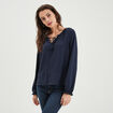 Blouse col v avec cordons à pampilles bleu marine femme