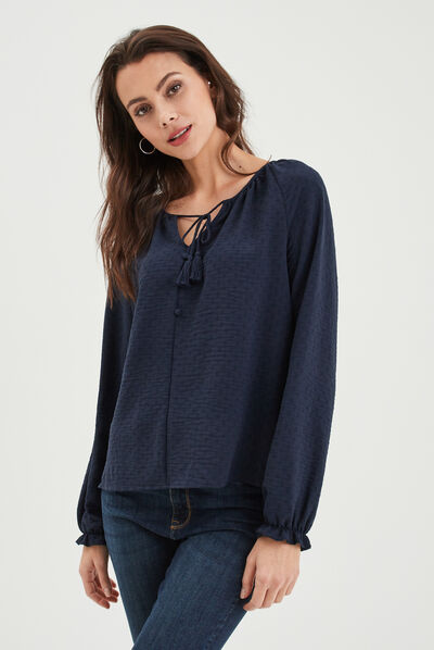 Blouse col v avec cordons à pampilles bleu marine femme
