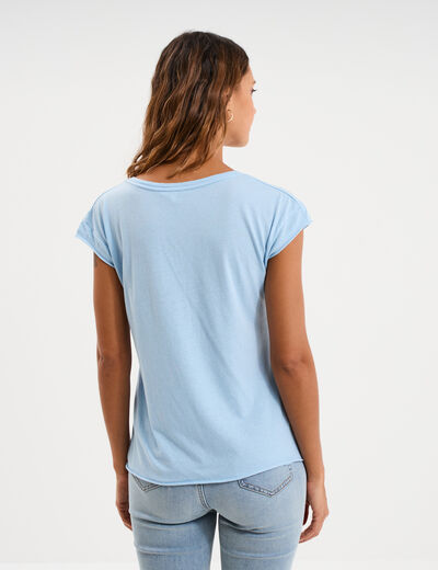 T-shirt col v poche poitrine bleu clair femme