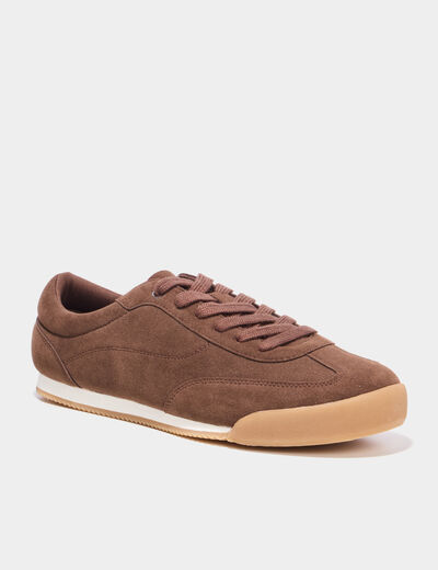 Tennis basses &agrave; lacets effet su&eacute;dine marron homme