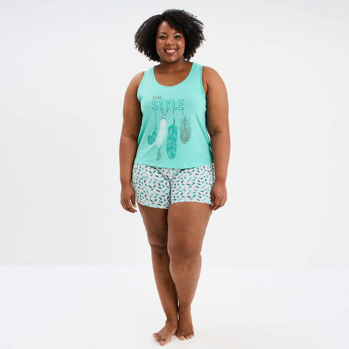 Ensemble pyjama short et débardeur coton bleu turquoise femme grande taille
