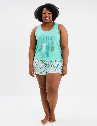 Ensemble pyjama short et débardeur coton bleu turquoise femme grande taille