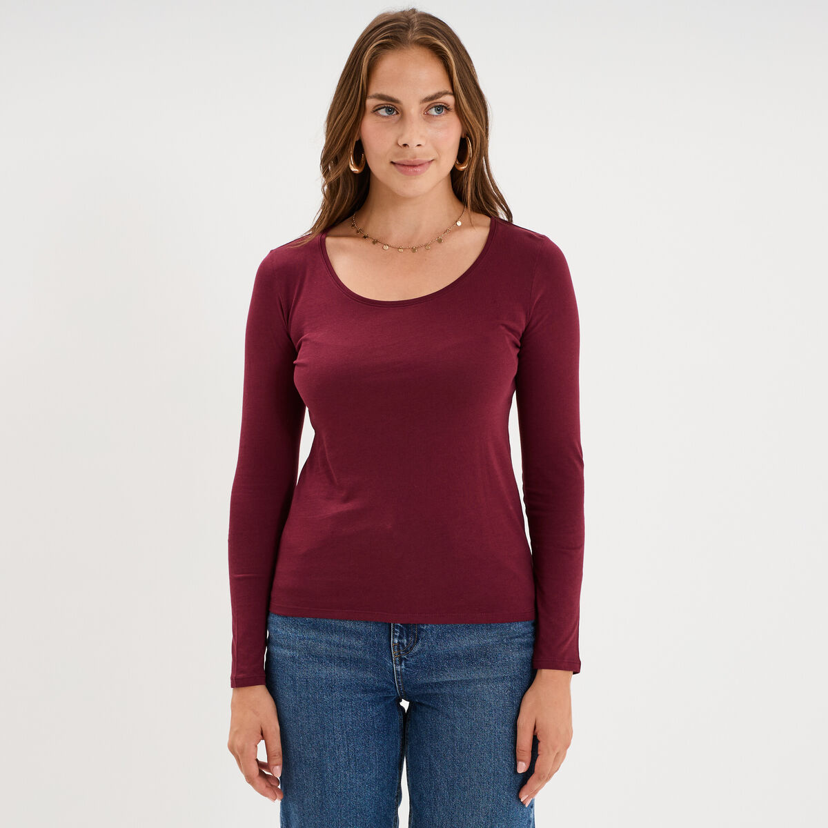 T-shirt coton col rond manches longues bordeaux femme