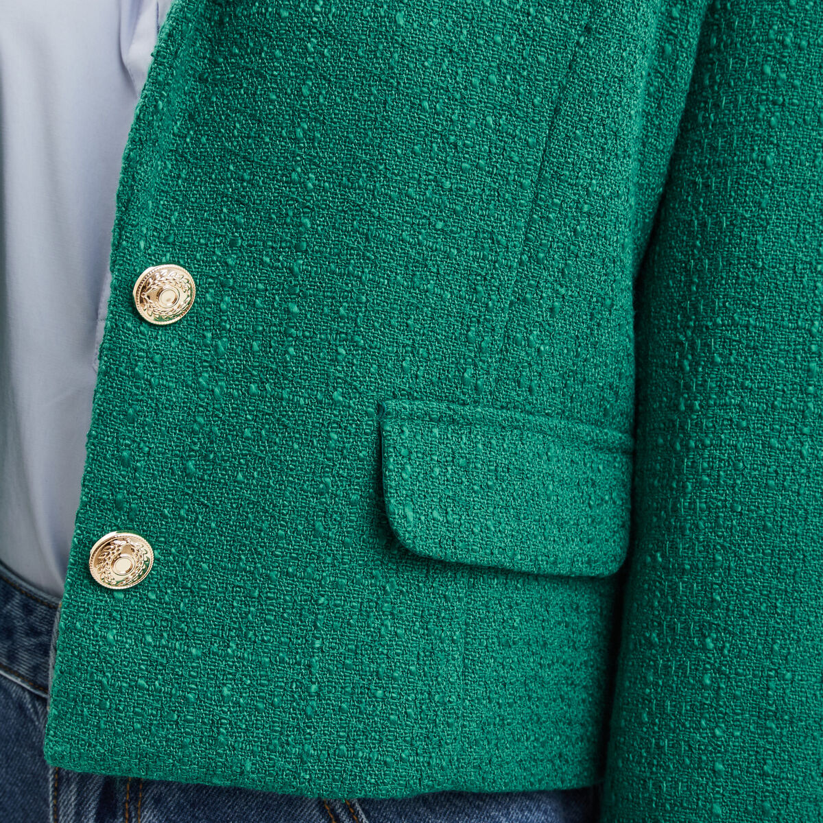 Veste courte tweed col tailleur vert femme