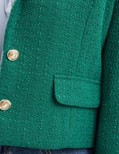 Veste courte tweed col tailleur vert femme