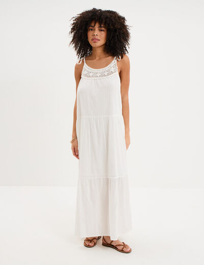 Robe longue bretelles nou&eacute;es coton blanc femme