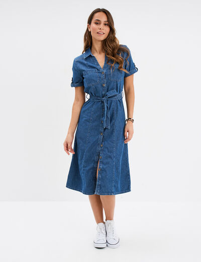 Robe midi en jean ceinturée coton denim double stone femme