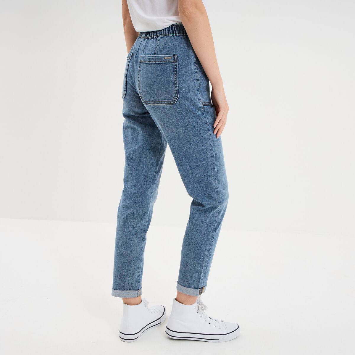 Jeans droit cropped taille &eacute;lastiqu&eacute;e denim stone femme