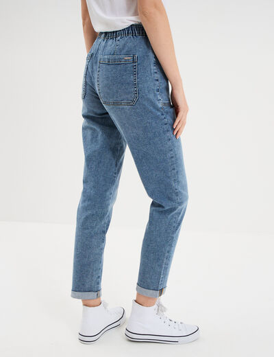 Jeans droit cropped taille &eacute;lastiqu&eacute;e denim stone femme
