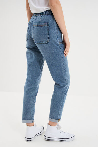 Jeans droit cropped taille &eacute;lastiqu&eacute;e denim stone femme
