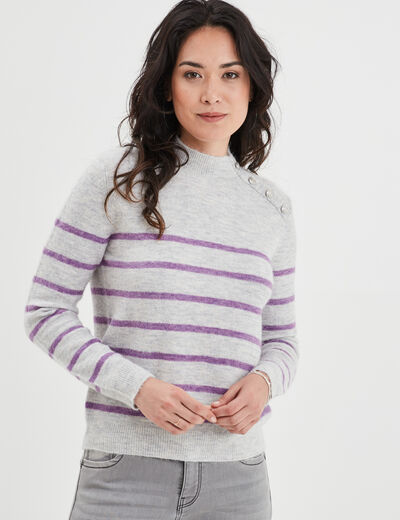 Pull marinière boutons à l'épaule gris clair femme
