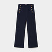 Pantalon wide leg &agrave; pont boutonn&eacute; bleu fonc&eacute; femme