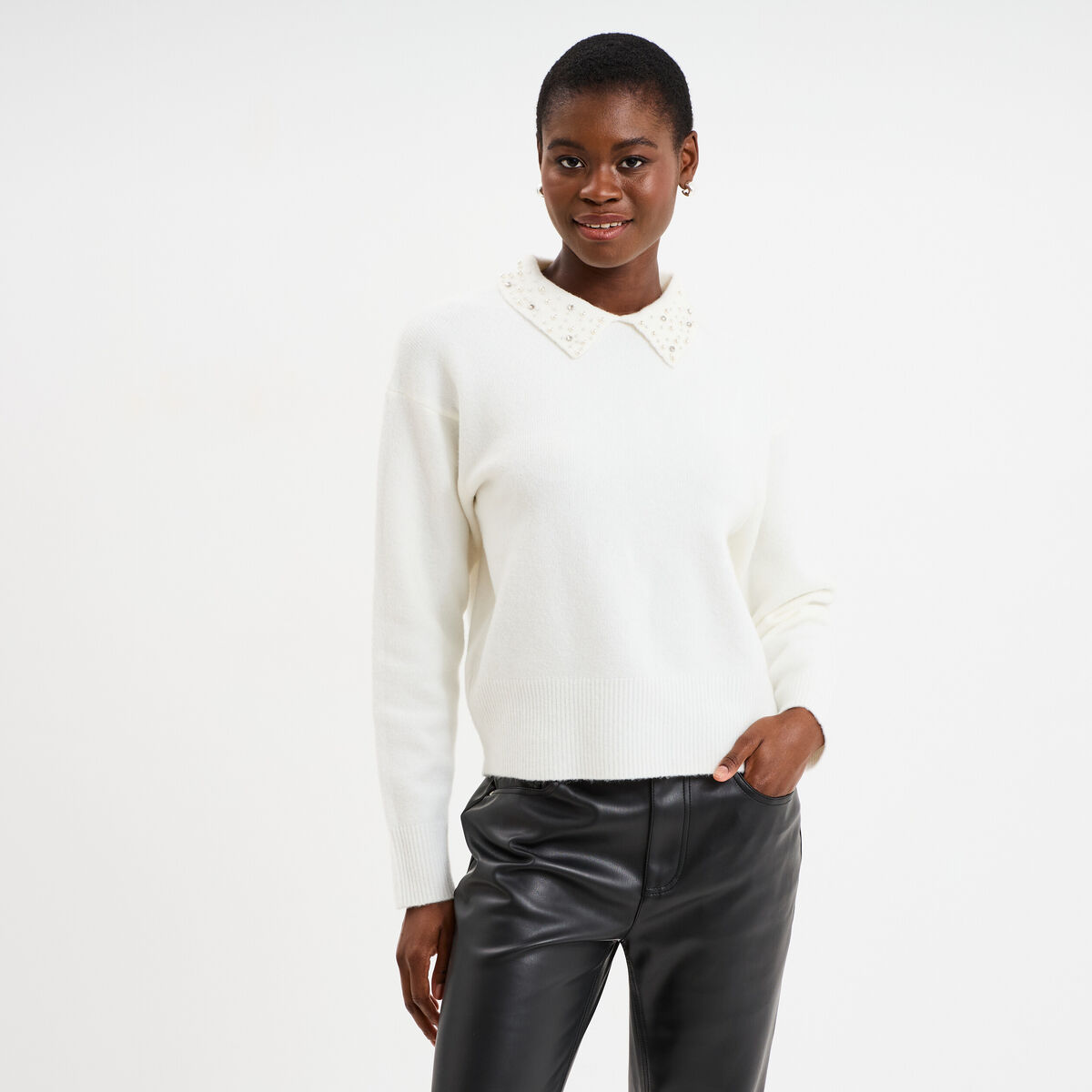 Pull col chemise strass et perles blanc femme