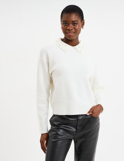 Pull col chemise strass et perles blanc femme