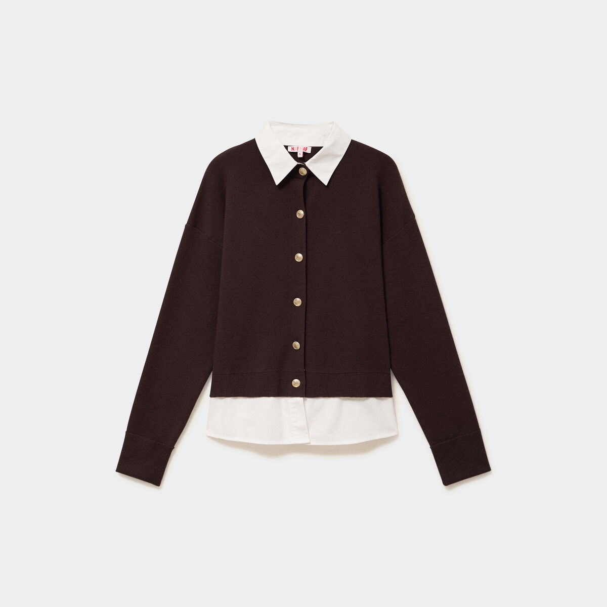 Cardigan 2 en 1 bi-mati&egrave;re boutonn&eacute; marron fonc&eacute; femme
