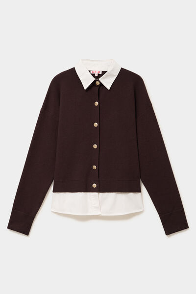 Cardigan 2 en 1 bi-mati&egrave;re boutonn&eacute; marron fonc&eacute; femme