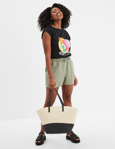 Short fluide taille à coulisse vert kaki femme