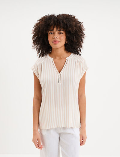 Blouse cr&eacute;pon manches courtes beige femme