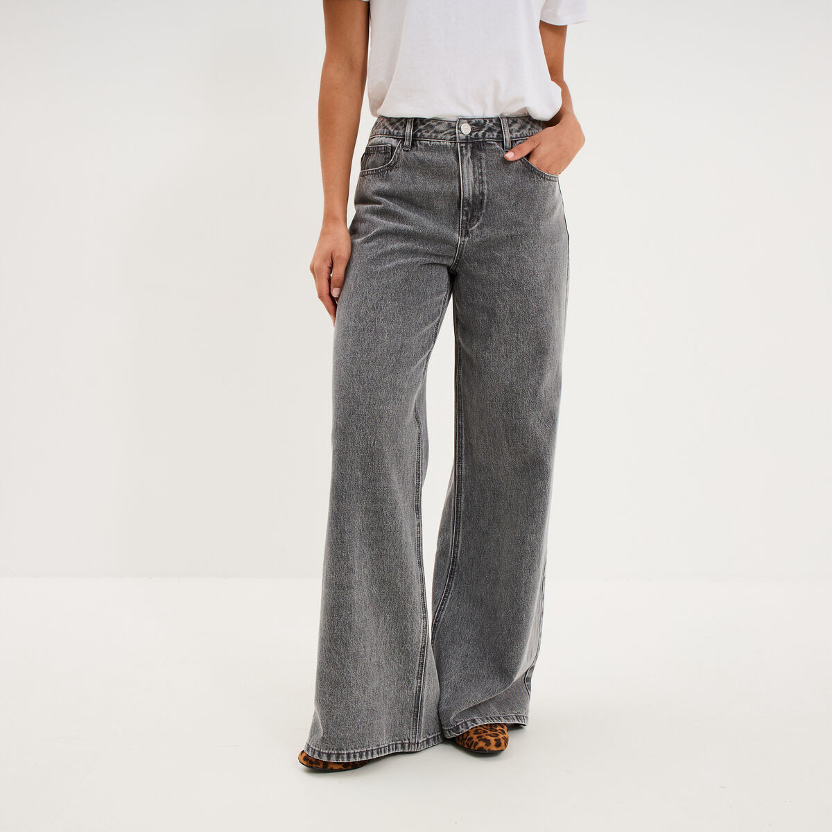 Jeans extra wide leg taille haute denim gris femme