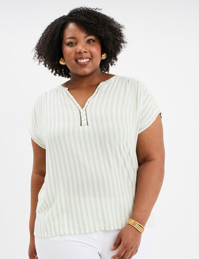Blouse col en V manches courtes vert kaki femme grande taille