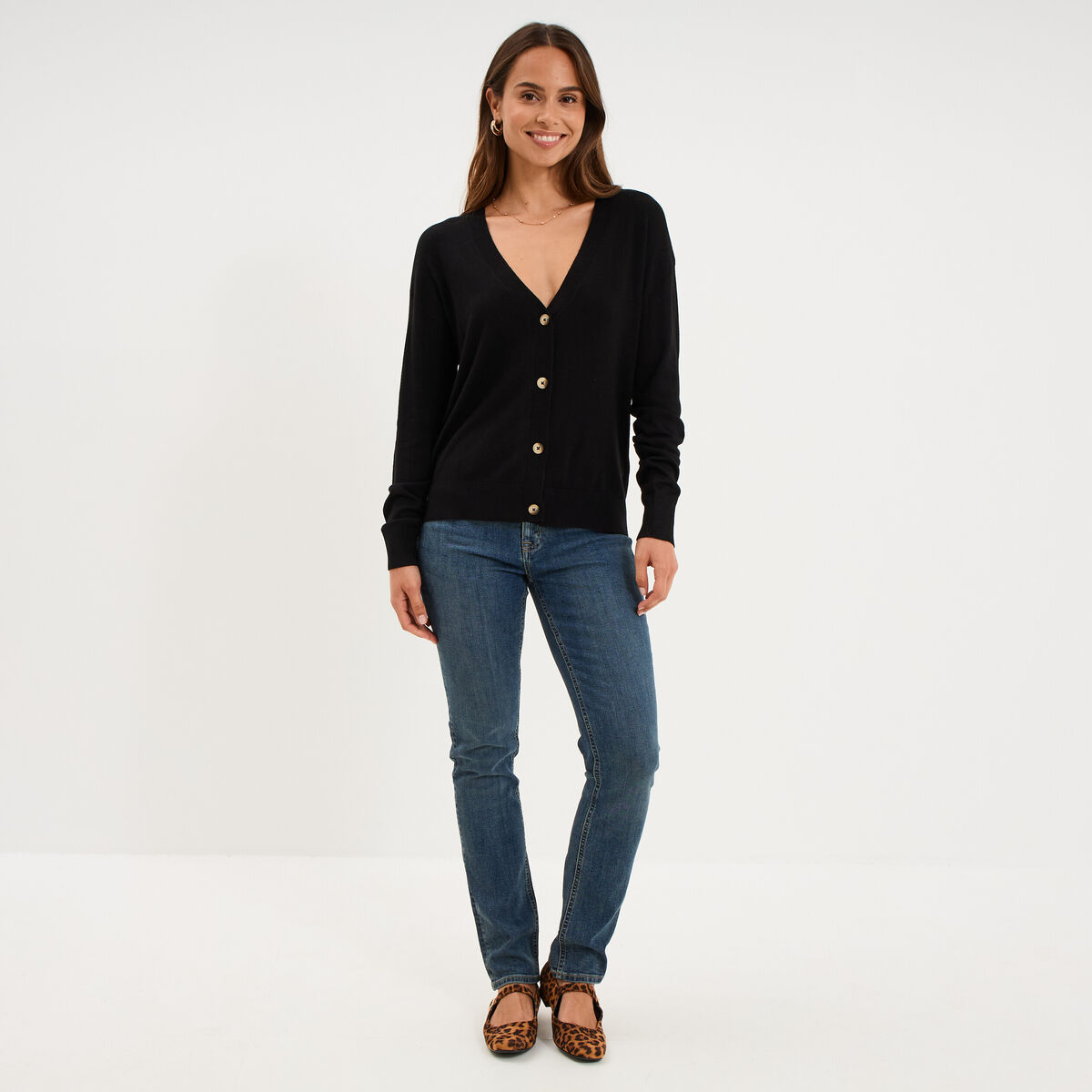 Gilet col en V boutonn&eacute; noir femme