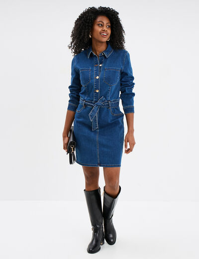 Robe chemise en jean ceinturée coton denim stone femme