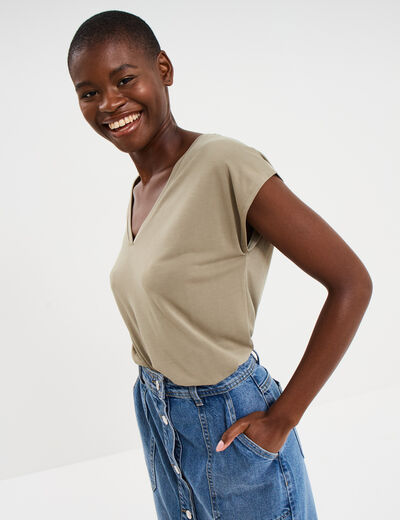 T-shirt col en V manches courtes taupe femme