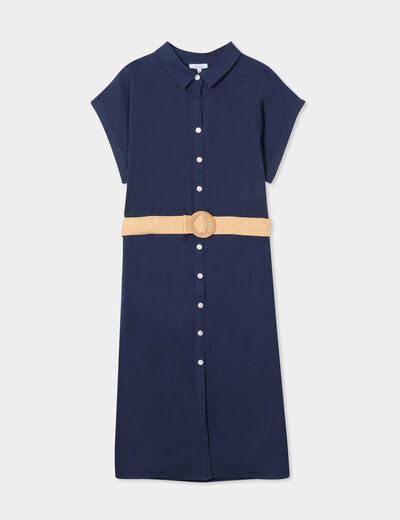 Robe chemise ceinturée coton bleu foncé femme grande taille