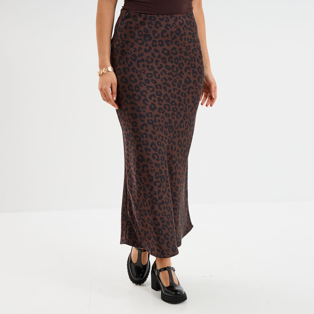Jupe effet satin midi évasée marron foncé femme