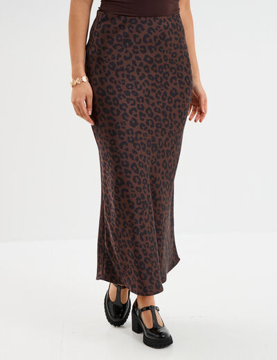 Jupe effet satin midi évasée marron foncé femme
