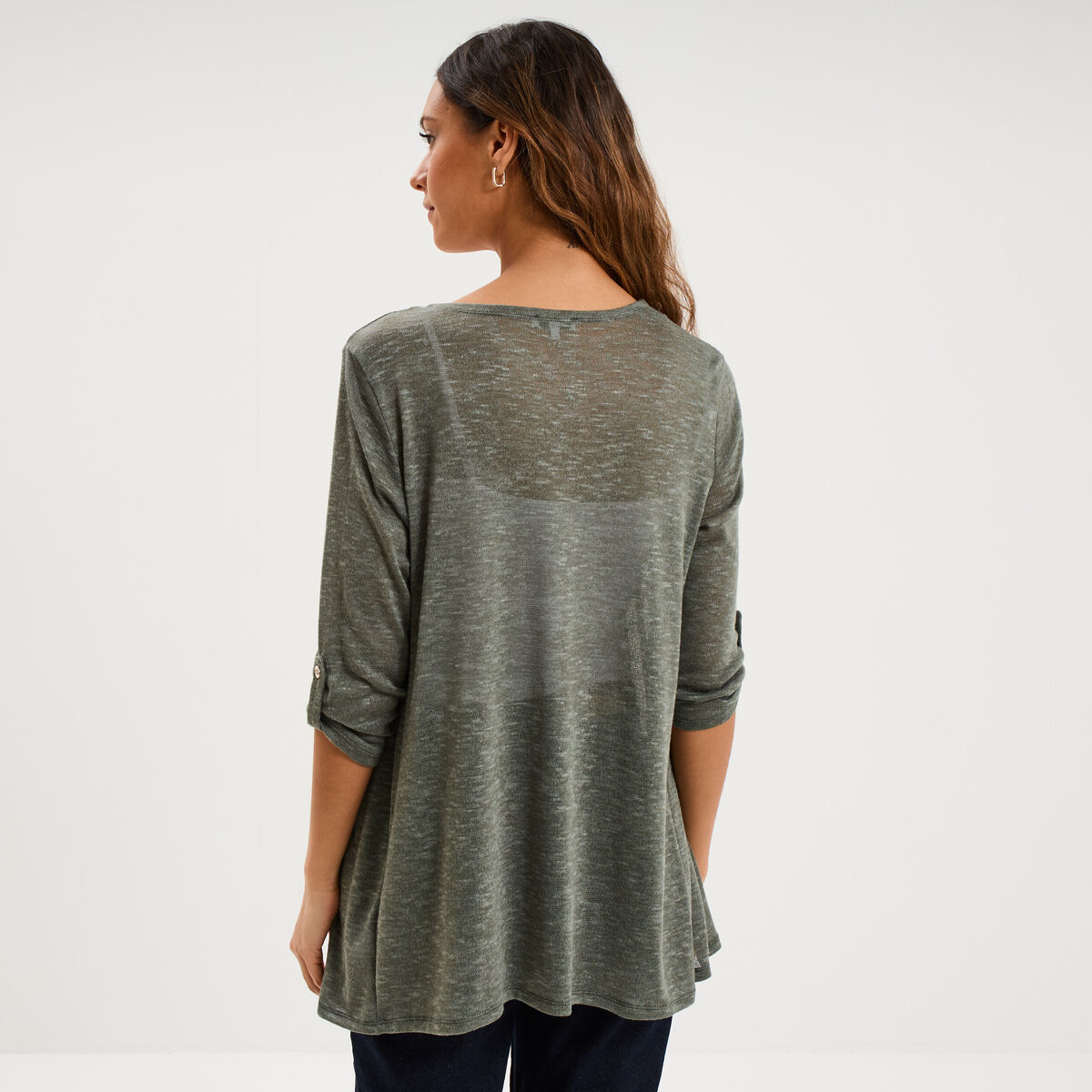 Gilet fin mi long manches 3/4 vert kaki femme