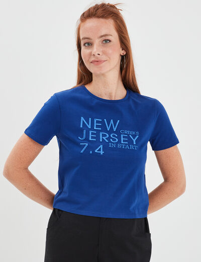 T-shirt cropped ajusté broderie Creeks bleu electrique femme
