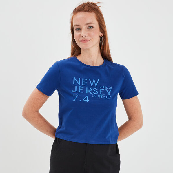 t shirt cropped ajuste broderie creeks bleu electrique femme T-shirt cropped ajusté broderie Creeks bleu electrique femme