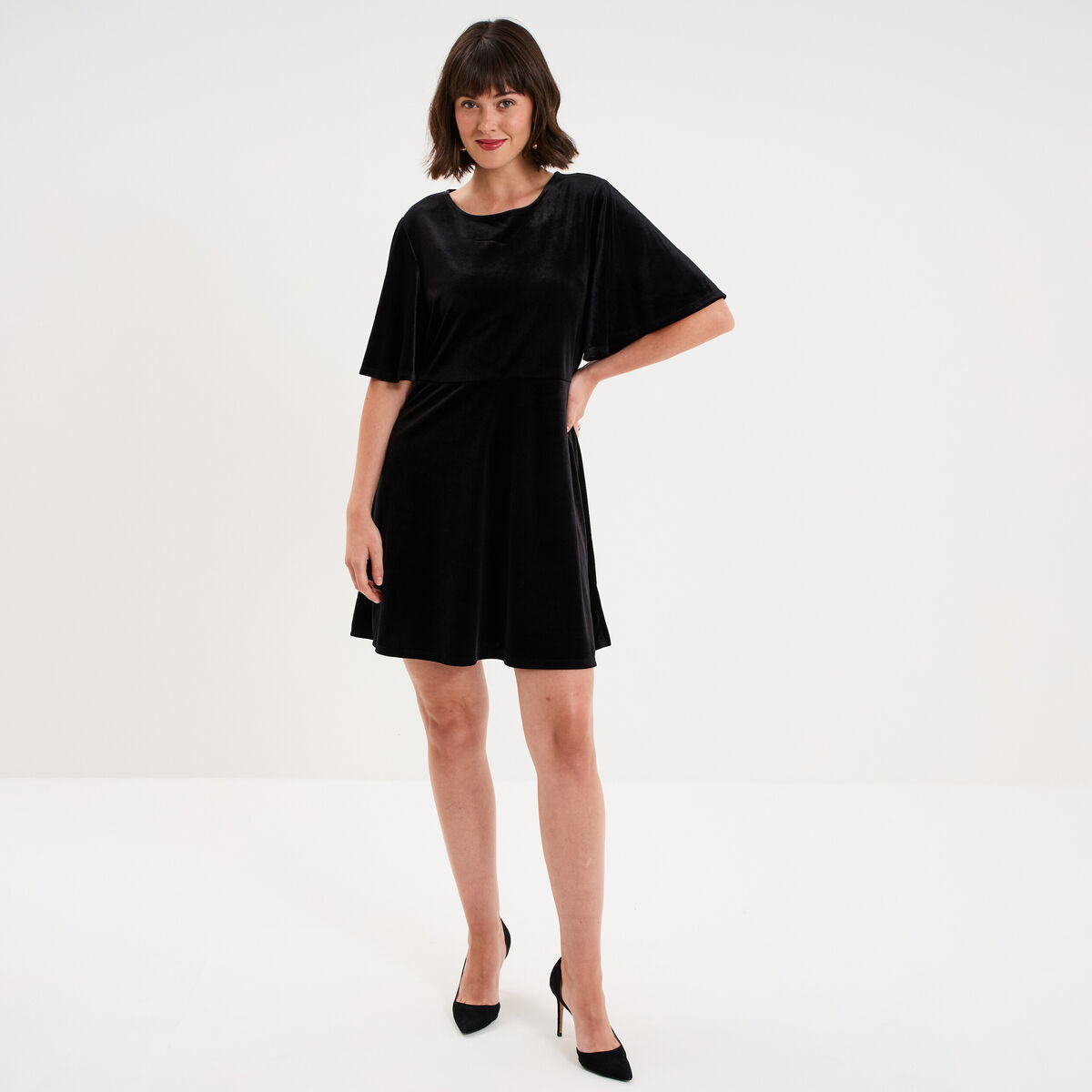 Robe courte en velours manches courtes noir femme