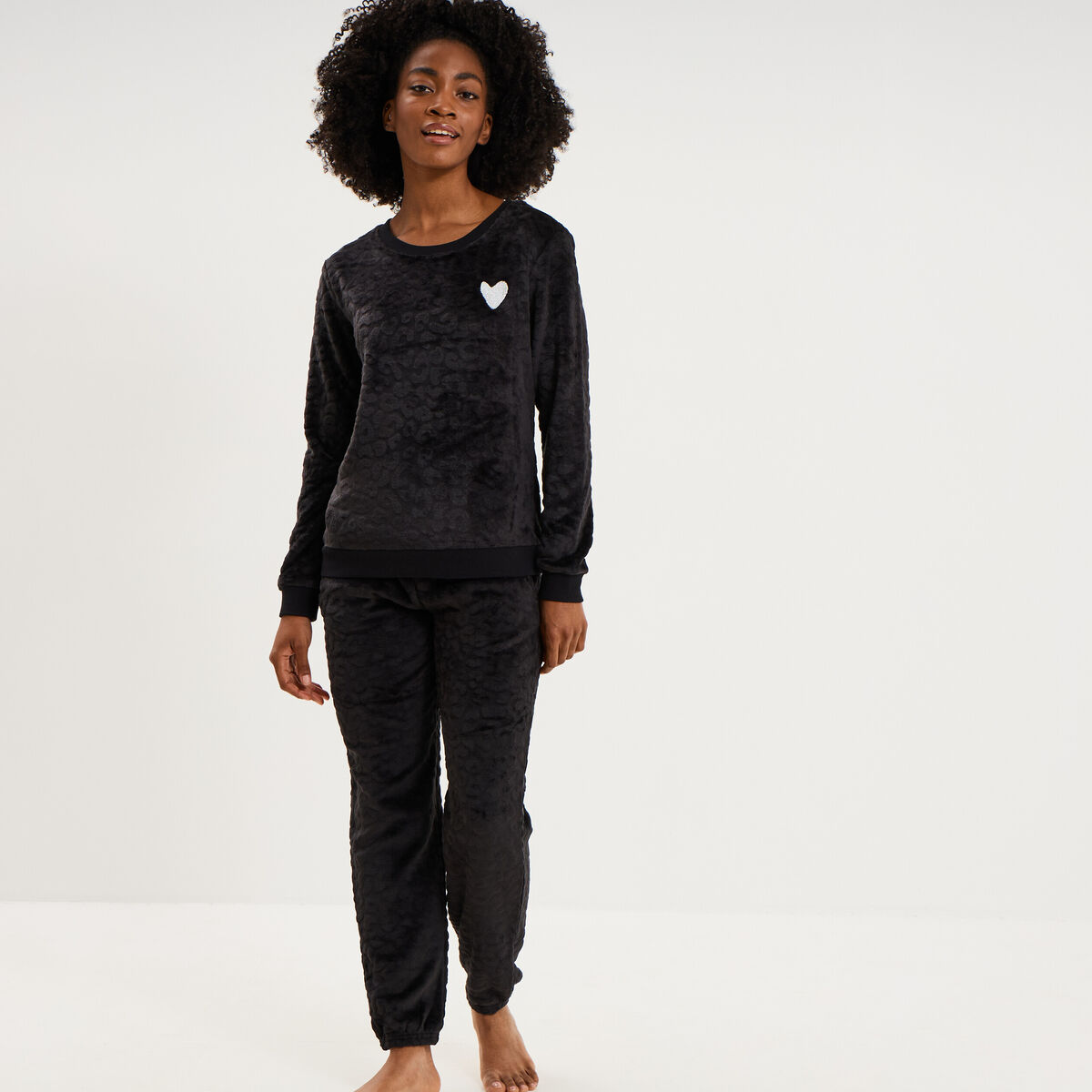 Ensemble pyjama effet polaire col rond noir femme