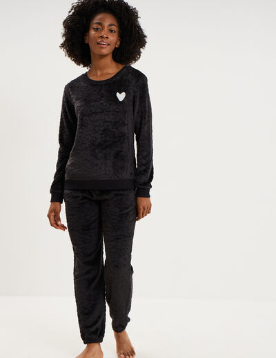 Ensemble pyjama effet polaire col rond noir femme