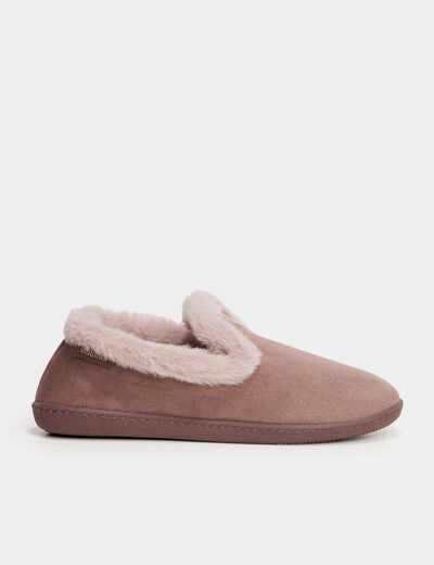Chaussons fausse fourrure anti-d&eacute;rapants taupe femme