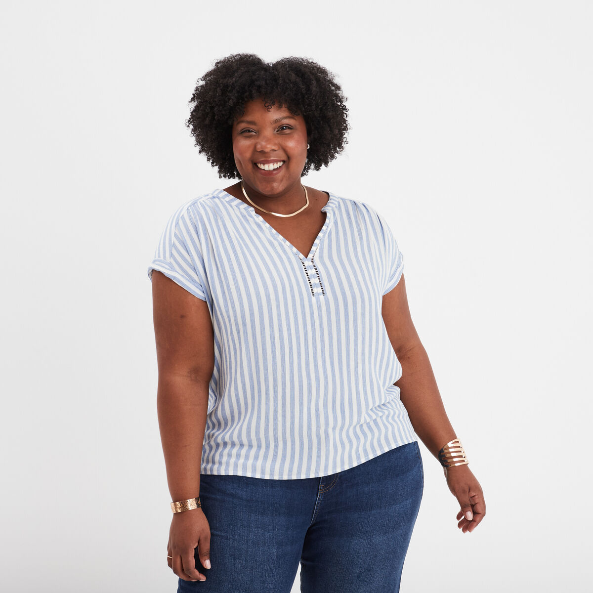 Blouse col en V manches courtes ecru femme grande taille