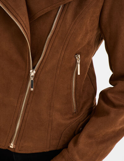Veste courte esprit biker effet suédine camel femme