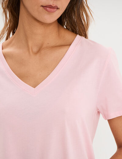 T-shirt manches courtes col en V coton rose clair femme