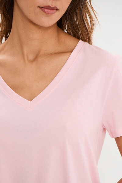 T-shirt manches courtes col en V coton rose clair femme