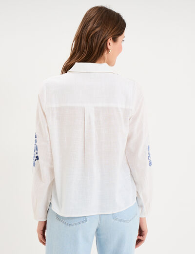Blouse brod&eacute;e manches longues coton ecru femme