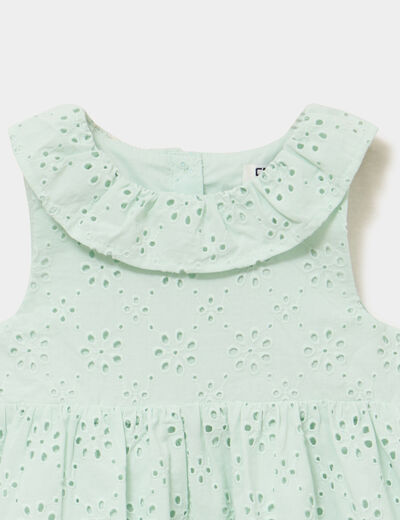 Robe &eacute;vas&eacute;e broderie anglaise coton vert pastel b&eacute;b&eacute; fille
